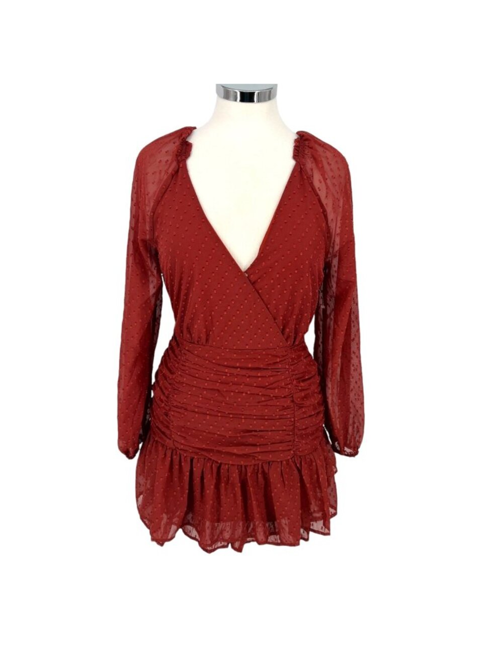 Floret Studios Polka Dot Ruffle Ruched V-Neck Mini Dress Marsala Red Size Small
